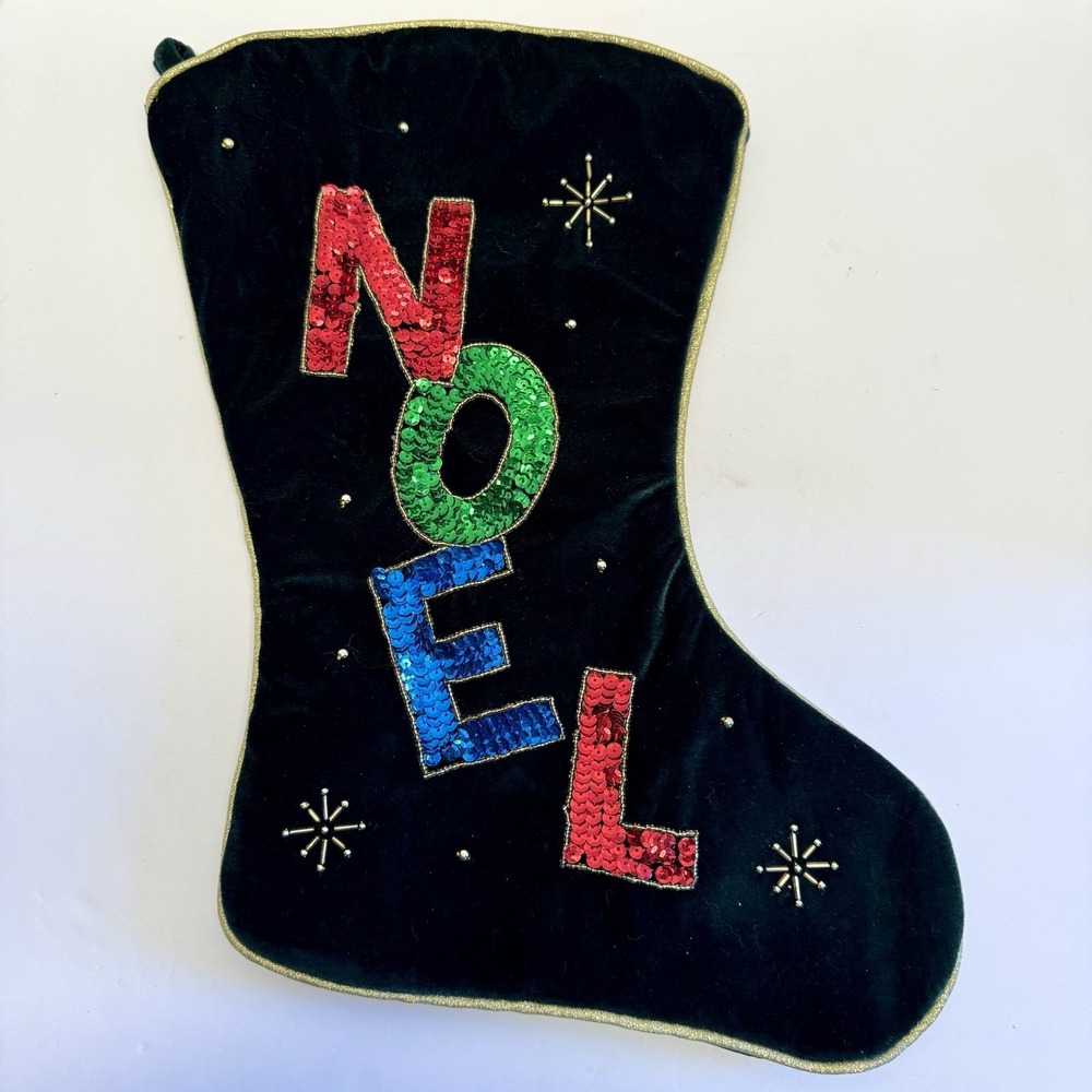 VINTAGE Green Velvet Christmas‎ Stocking Sequin NOEL Santa's Best Embellished